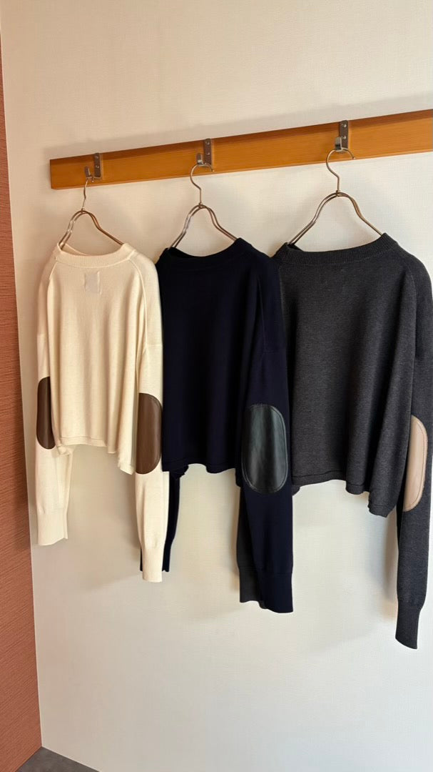 カシミヤ混 エルボーパッチクロップド丈TOPS/A32541