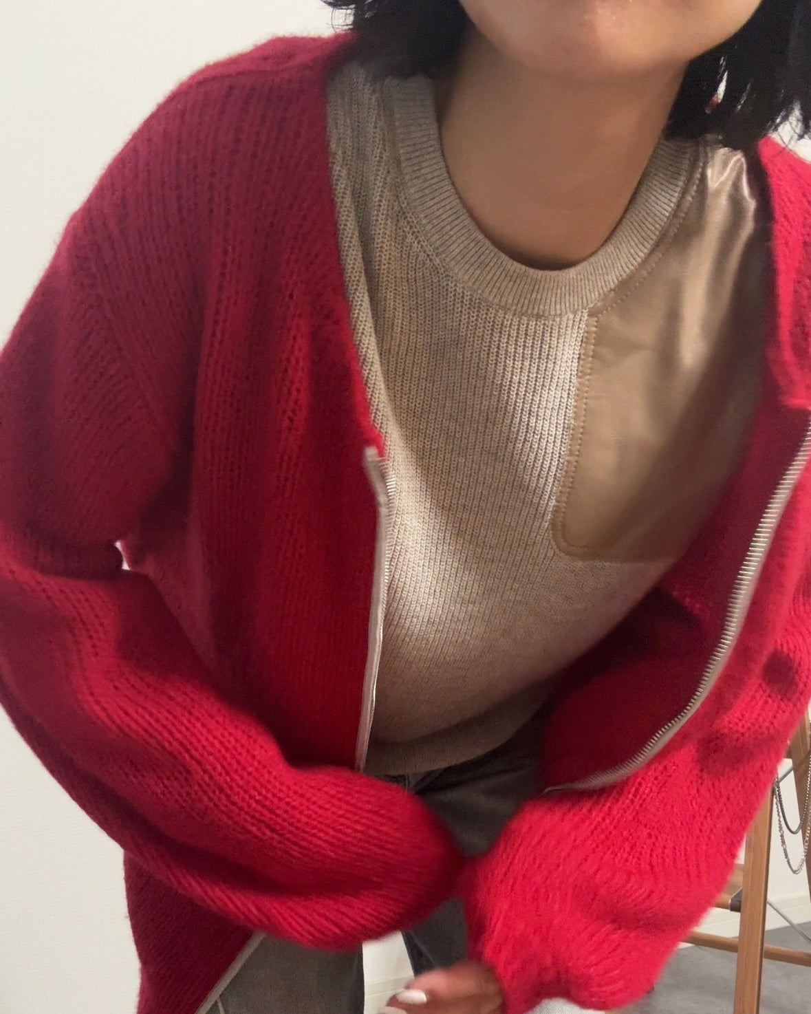 カシミヤ混 畦編みショルダーパッチKNIT/A30508